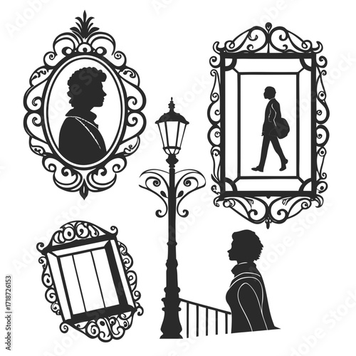 Vintage Silhouettes in Frames and Street Lamp ornate