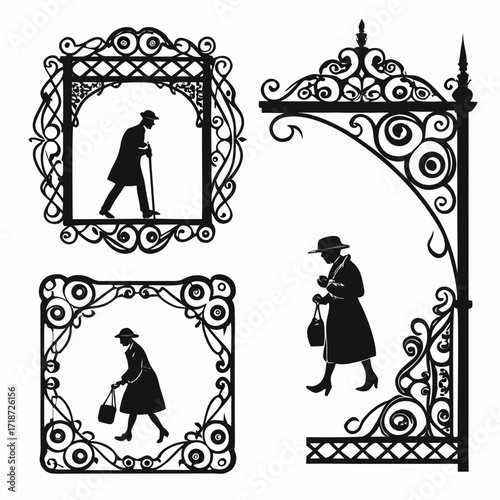 Vintage Silhouettes of People and Ornate Frames
