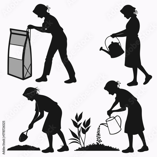 Woman gardening with watering can and soil bag silhouette
