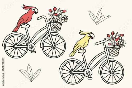 Two bicycles with birds and flowers coloring page Keywords: bicycle, bike, bird, parrot