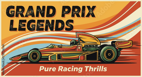 Vintage illustration of a classic Formula 1 race car speeding on a track, depicted in a retro style with warm orange and brown tones against a stylized background.
