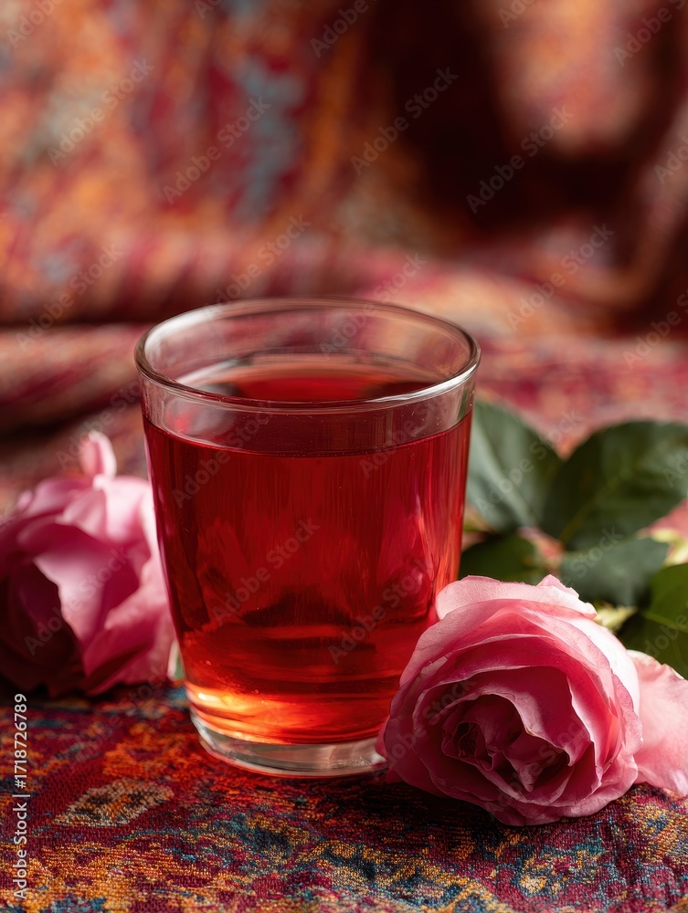 Fototapeta premium Chilled Rose Sharbat in a Glass on Embroidered Fabric Background