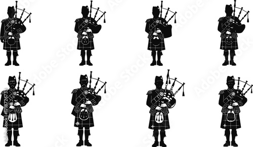 Silhouette of Scottish bagpiper musician playing traditional bagpipes, cultural music performance, Highland dress, folk instrument, heritage, festival, ceremony, tradition