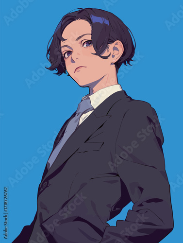 A young individual stands confidently in a formal suit, exuding elegance and poise. The bright blue background adds vibrancy to the stylish look.