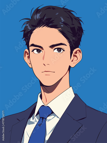A young man stands in a formal business suit with a blue background, displaying a serious yet confident expression. His neat hairstyle adds to his professional look.