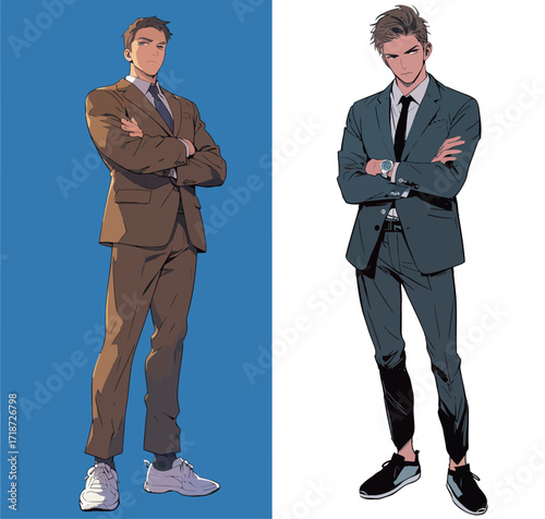 In a vibrant setting, two well-dressed men stand confidently with their arms crossed. One wears a brown suit with sneakers, while the other sports a sleek dark suit with shoes.