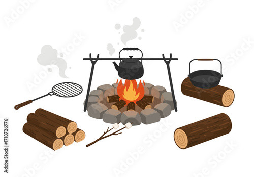 Camping scene campfire with pot grill wood logs  marshmallows
