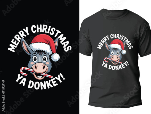 Funny Donkey Christmas T-Shirt Design with Santa Hat and Holiday Cheer - Vector Art Graphics Tee