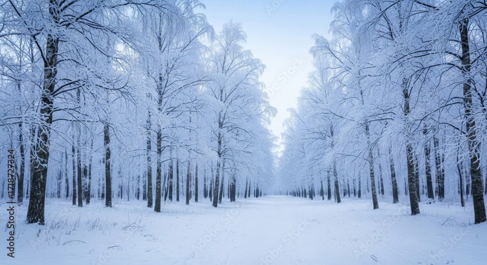 Naklejka premium Winter Wonderland Snowy Trees in Forest with Blue Sky Above in Daytime