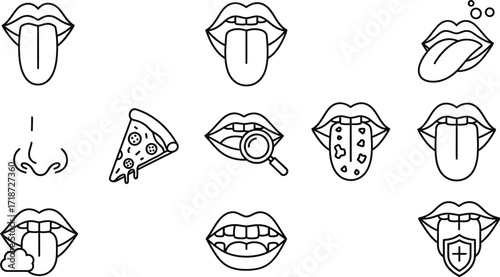 Mouth tongue taste buds sense of smell and food vector outline vector