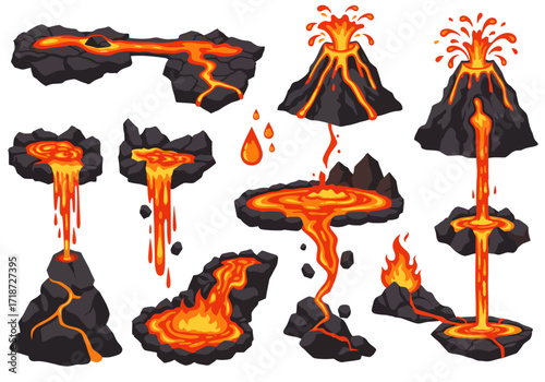 Cartoon lava flowing erupting and fiery