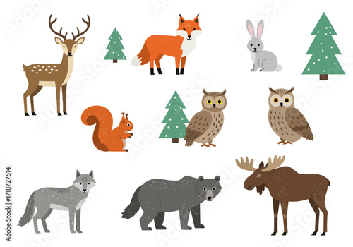Cartoon woodland creatures with trees deer fox rabbit owls squirrel wolf bear and moose