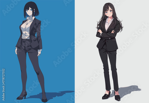 Two female characters dressed in elegant suits stand on different backgrounds, showcasing contrasting styles and poses.