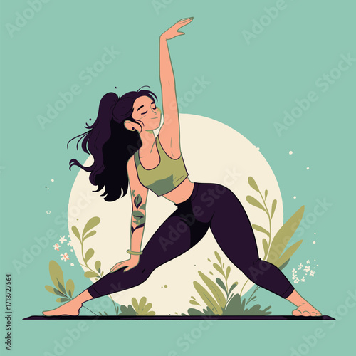 A woman is engaged in a yoga pose, wearing comfortable workout clothes. The background features soft colors and leafy plants, creating a calming atmosphere.