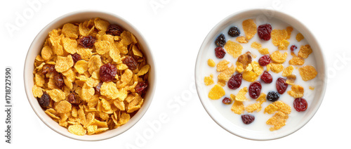 Crispy Cornflakes with Dried Cranberries and Milk in a Bowl top view transparent background