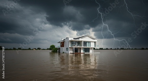 Dramatic scene of a modern home surrounded by floodwaters with ominous storm clouds and lightning strikes overhead, illustrating climate change impact