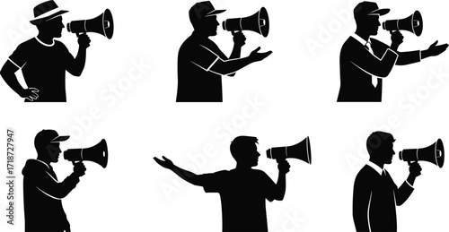 Silhouette of people with megaphone, protest speaker, public announcement, communication concept, loudspeaker illustration, activism vector design, political campaign symbol