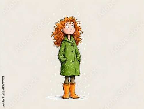 A cute cartoon girl with red curly hair gazes upwards in wonder as snowflakes gently fall around her.