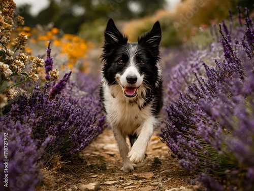 Happy border collie runs down a stone path surrounded by beautiful lavender flowers on a summer day outdoors.