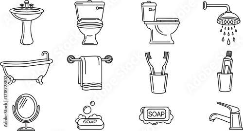 Bathroom plumbing fixtures and accessories outline vector set vector