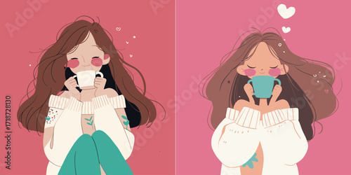 Two illustrations depict a young woman with long hair savoring warm drinks. She sits comfortably, expressing joy and contentment in a colorful background.