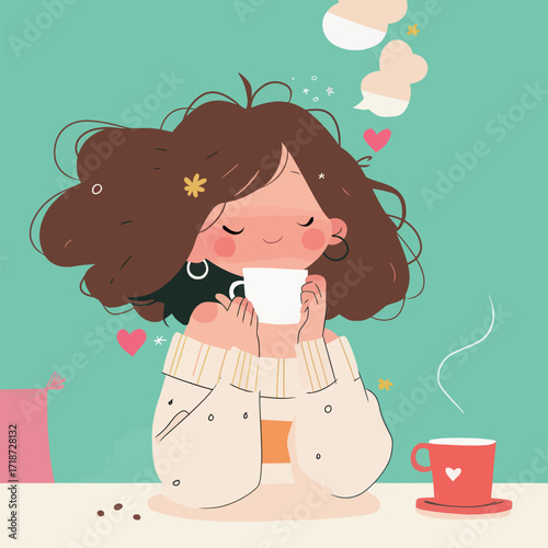 A young woman with curly hair savors a cup of coffee while sitting at a light-colored table. She appears content, surrounded by a warm and inviting setting.