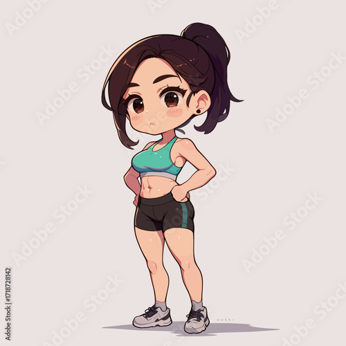 A young female character is posed confidently with her hands on her hips. She wears a sporty outfit that highlights her fitness. Her expression is focused yet approachable.