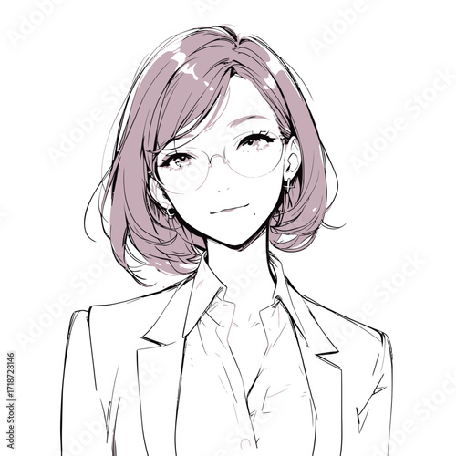 A young woman with stylish bob hair and glasses is wearing a smart outfit. She has a friendly expression, radiating confidence and approachability.