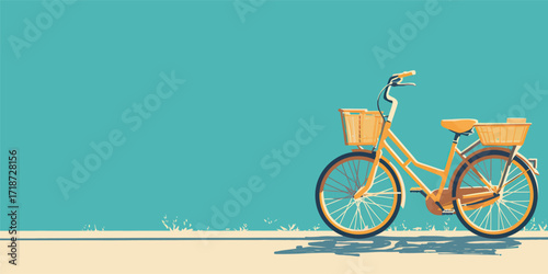 A cheerful yellow bicycle with baskets stands still on a light-colored path. The background features a bright blue sky, creating a vibrant scene.