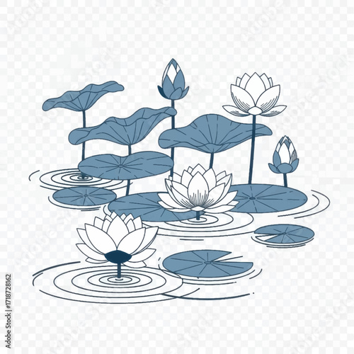 Elegant Lotus Pond Illustration with Blooming Flowers and Lily Pads.