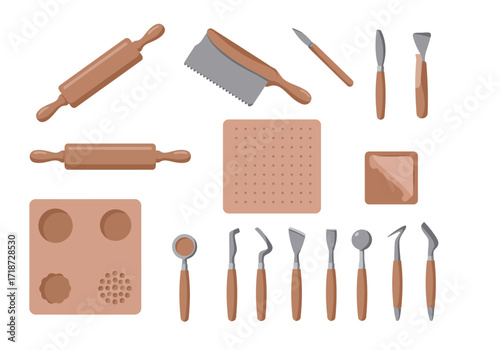 Clay crafting tools rollers knives molds and shaping instruments for pottery or sculpture