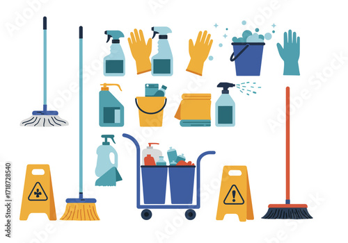 Cleaning supplies are displayed including mops buckets sprays gloves and a warning sign