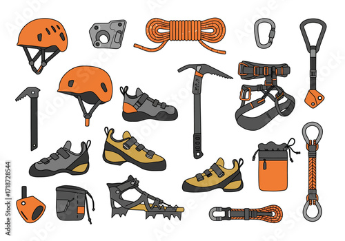 Climbing equipment helmets shoes harness rope ice ax carabiner belay device quickdraws chalk bag and crampons