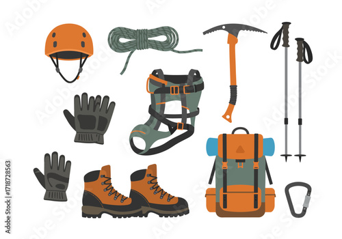 Climbing gear featuring a helmet rope gloves harness boots ice axe poles a pack and carabiner