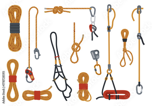 Climbing gear ropes knots carabiners and a harness against a white backdrop