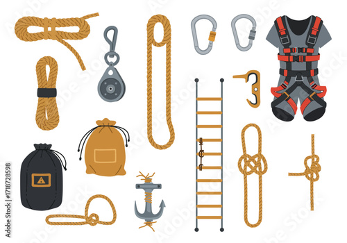 Climbing gear is shown rope carabiners harness pulley anchor ladder and bags