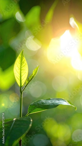 Closeup of New Tea Leaves Sprouting in Sunlight with Bokeh Background and Bright Green Hue with Macro Shot and Shallow Depth of Field