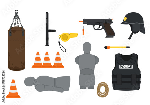 Collection of police gear training dummy vest baton pistol cones rope helmet whistle punching bag and weapon