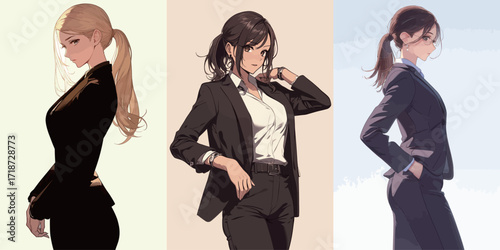 Three confident women stand side by side, each wearing tailored black suits. They express unique styles with different hairstyles and poses, highlighting modern professionalism.