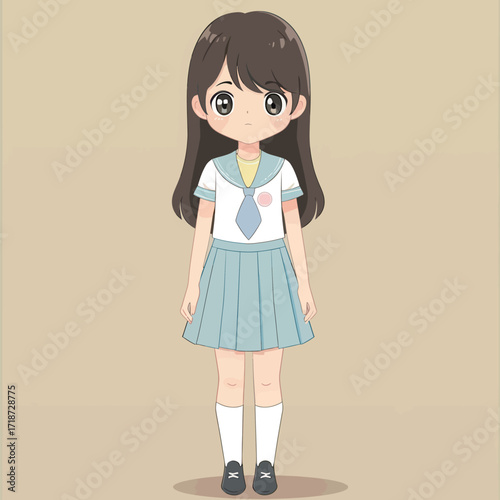 A young, animated character with long brown hair and big eyes wears a school uniform with a light blue skirt. The character stands still with a neutral expression.