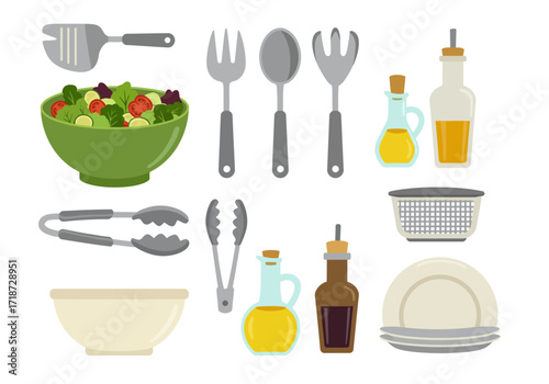 Cooking utensils and salad ingredients are arranged on a white background