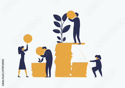 Business people stacking gold coins with growing plant sprout symbolizing investment growth financial saving wealth management and profit increase concept flat vector illustration