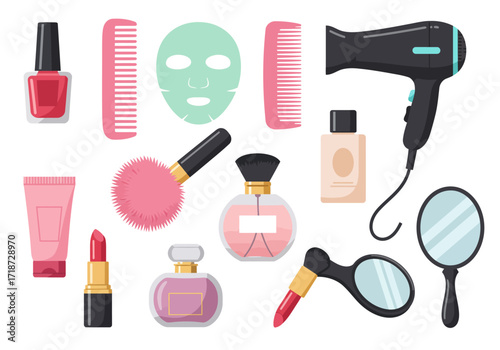 Cosmetic products arranged polish combs mask brush perfume lotion lipstick hair dryer mirrors on a white backdrop