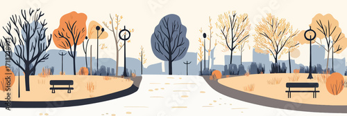 Minimalist vector illustration of modern city park with leafless and autumn trees walking paths benches and street lamps in flat style