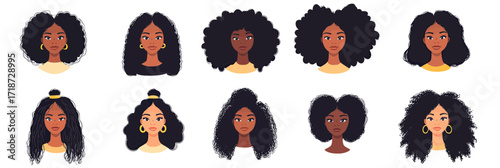 Set of diverse African American young women portraits with natural afro and curly hairstyles flat minimalist vector icons collection illustration