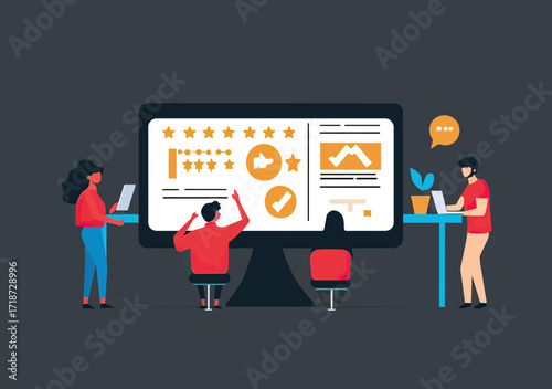 Team analyzing online star ratings and feedback on large computer screen to improve customer satisfaction and brand reputation concept flat vector illustration