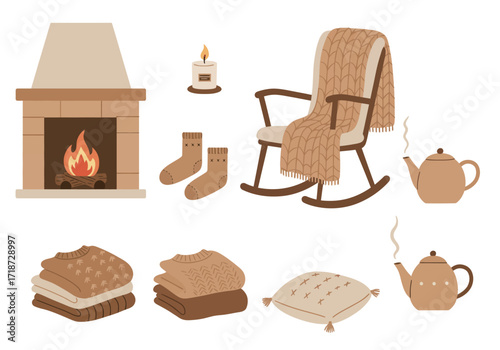 Cozy scene Fireplace rocking chair with blanket knitted socks sweaters pillows teapot candle