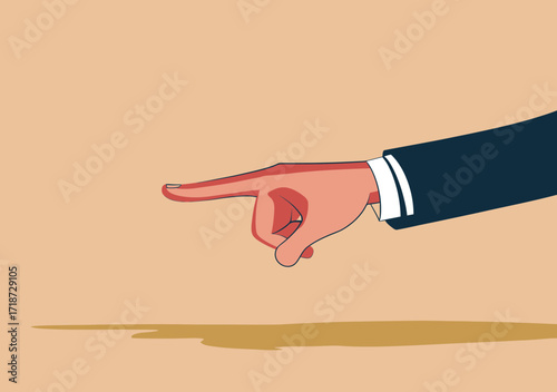 Businessman hand in suit pointing finger forward isolated on plain background with shadow for direction or instruction concept vector illustration flat minimalist style
