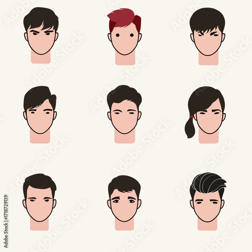 Minimalist flat vector illustration of nine diverse male and female faces with various modern haircuts and hairstyles on neutral background for avatar or profile design
