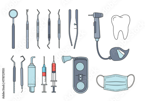 Dental tools mirror probes tweezers drill syringes cheek retractor mask  a tooth